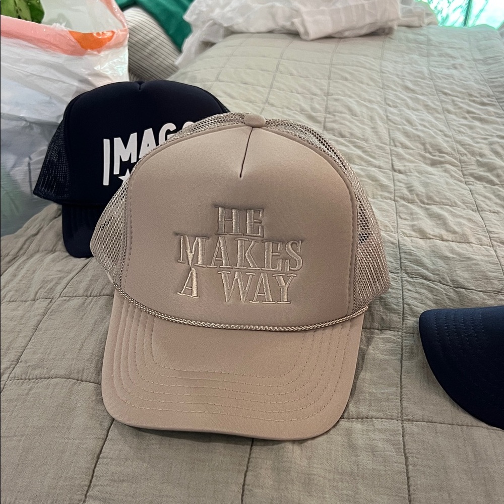 Tan Trucker Hat with Embroidered Text